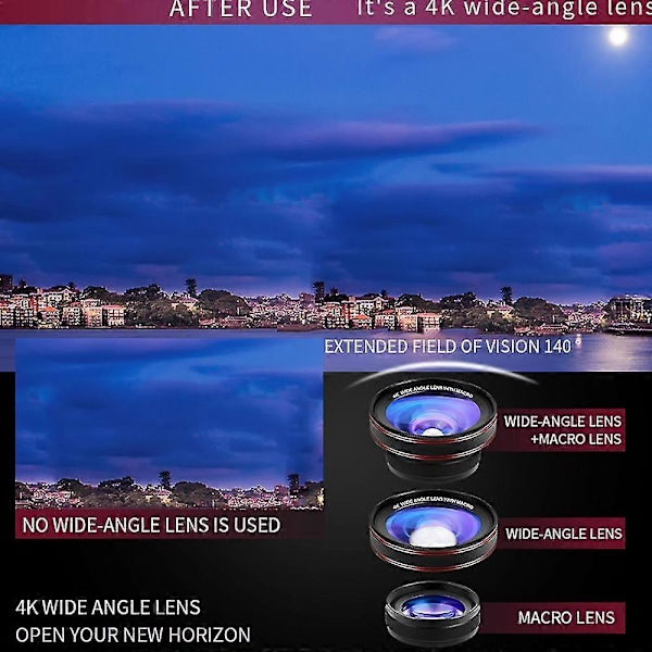 4k Vidvinkelobjektiv med Makro 15x Makroobjektiv Telefon Kameraobjektiv Makro LED Ringlys Ringblits For