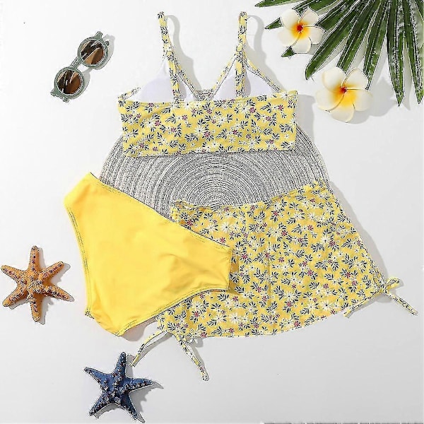 Sommar Tankini Set för Små Flickor, 3 Delar/set, Strand Surf Badkläder 8-12 År, Vadderad Bikini Baddräkt Set för Barn yellow 130