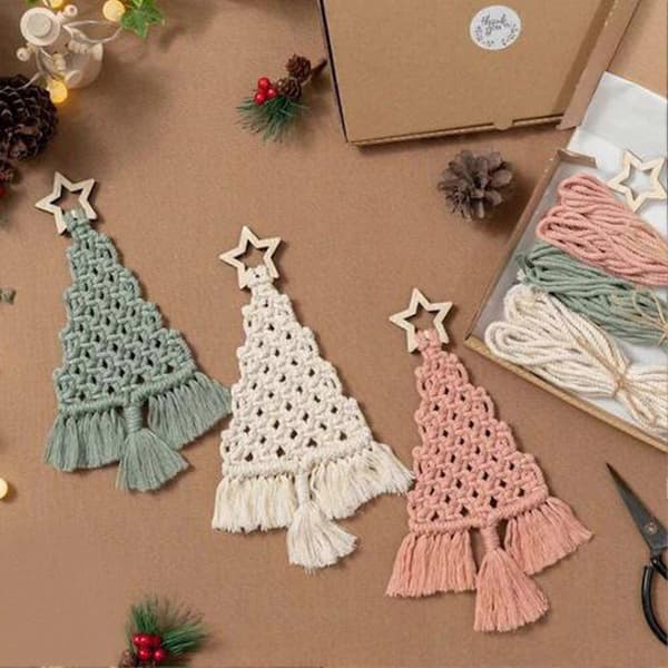 DIY Julgran Macrame Kit Bomullsrep Flätningsset Handstickning Boho Jul Tofsinredningskit för Nybörjare E