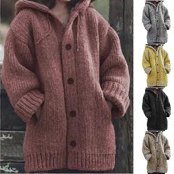 Dame Hætte Strikket Sweater Efterår Vinter Mellemlang Ensfarvet Knap Sweater Uldfrakke Jakker Overdele Yellow M