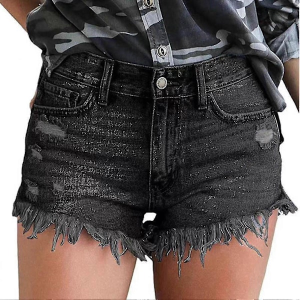 Dame Denim Shorts Mid Waist Ripped Raw Hem Jeans Shorts For Summer Black L
