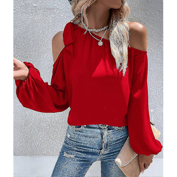 Dame Topp Kald Skulder Knyteknute Ensfarget Lykt Erme Elastisk Mansjett Chiffon Elegant Casual Bluse Skjorte Red L