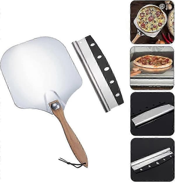 12\" Pizzaspade, rostfritt stål, aluminium pizzaspade med hopfällbart trähandtag + pizzaskärare