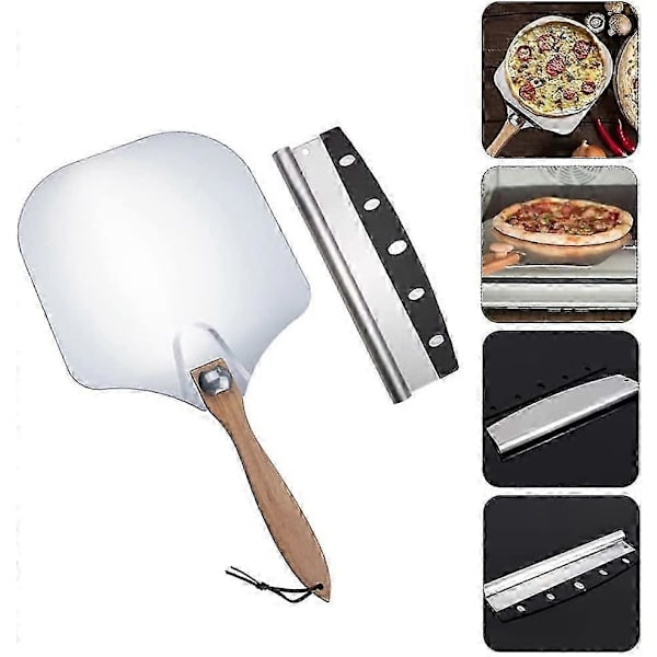 12\" Pizzaspade, rustfritt stål, aluminium pizzaspade med sammenleggbart trehåndtak + pizzakutter