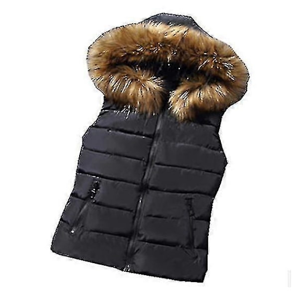 Vadderad damväst Quiltad Vardaglig Varm Vinterväst Avtagbar Huvjacka Kappa BLACK 2XL