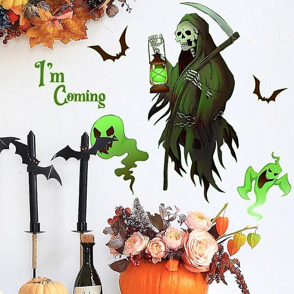 Grim Reaper Väggdekal Självlysande Spöke Fladdermus Liemannen Halloween Väggsticker Halloween Väggkonst Dekal Läskig Väggdekor