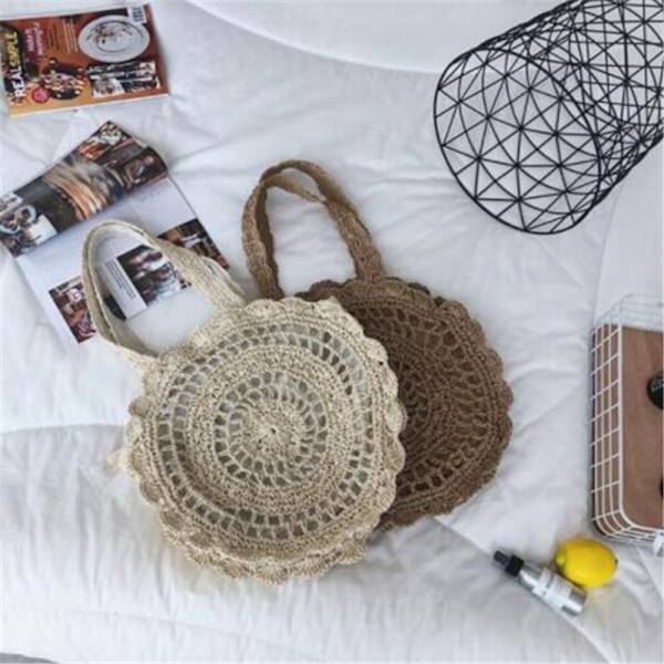 Bohemisk Väska i Halm Dam Rund Strandväska Sommar Rattan Axelväska beige