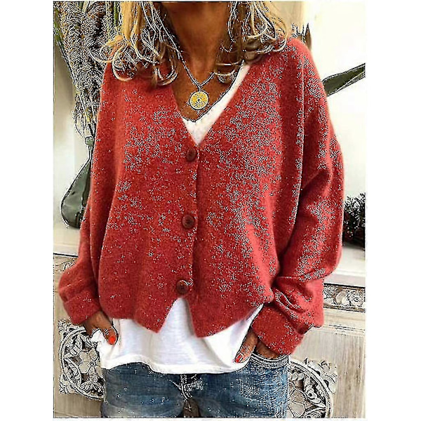 Damtröja Stickad Casual V-ringad Enfärgad Kofta Orange Red L