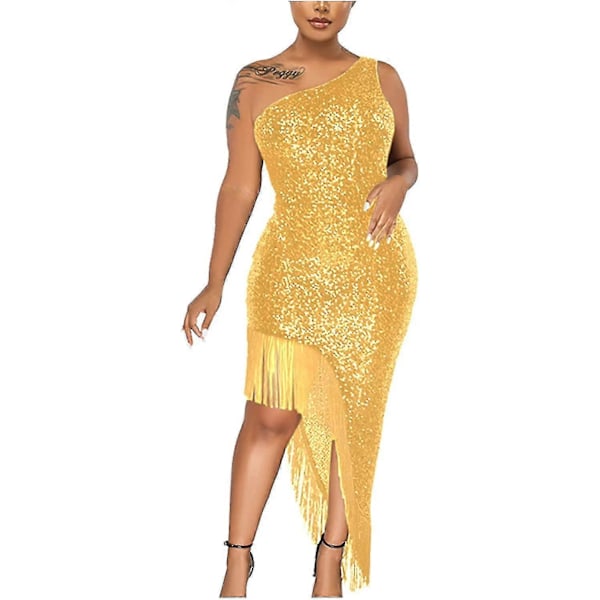 Cocktailkjoler til kvinder Sexet dyb V-hals Allover Frynser Spaghetti Stropper Kjole Pailletter Fjer Prom Festkjole W-gold XX-Large