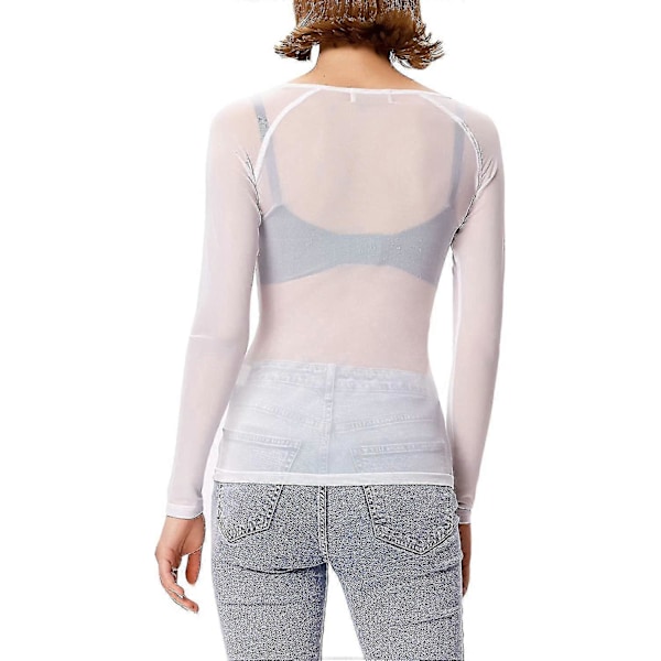 Dame Elastisk Scoop Neck Gjennomsiktig Sexy Slim Fit Mesh Topper Langermet Bluse White S