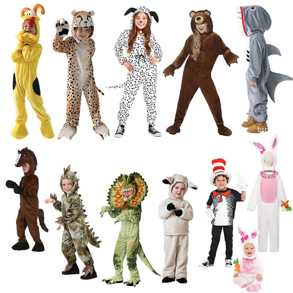 Toddler Barn Häst Kanin Hund Lejon Tiger Dinosaurie Kostymer Pojkar Flickor Lamm Får Tecknad Djur Jumpsuits Halloween Purim Cat in the hat Girl XL