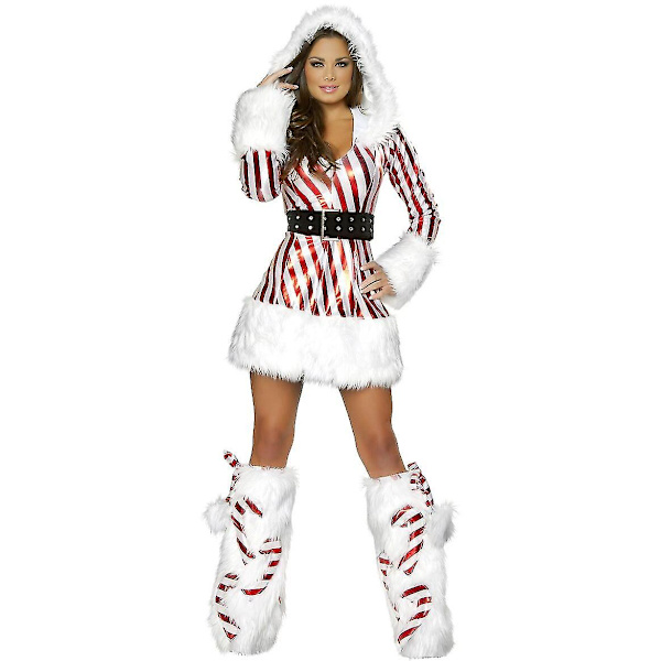 3 st/set Juldräkt för damer med huva Vinter Sammet Randig Jultomte Cosplay Kostymer L