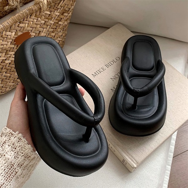 EVA Tyksålede Udendørs Dame Sildebens Slippers Høje Anti-skrid Strandsandaler Sommer Mode Bløde Såler Klip Fod Flip-flops black 40-41(foot24.5-25cm)