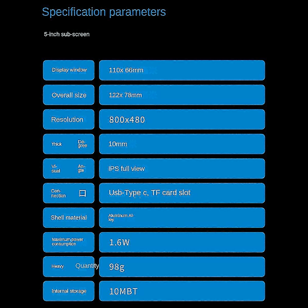 Tietokoneen valvonta-alinäyttö 5-tuumainen Ips Typec -alinäyttö Aida64:stä vapaa kotelo, musta
