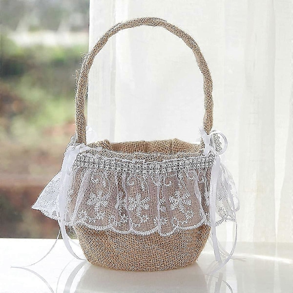Blondekurv til blomsterjenter for bryllup, rustikk burlap bryllupsblomsterkurv