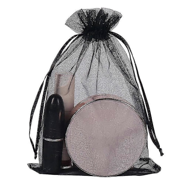 100 stk. Sorte Organza Gaveposer 9x12cm, Mesh Bryllupsgaveposer med Snøre til Smykker Makeup C