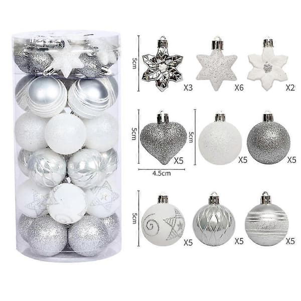 41-pack Julgranskulor, Stjärnmålade Julkulor, Julgran silver white