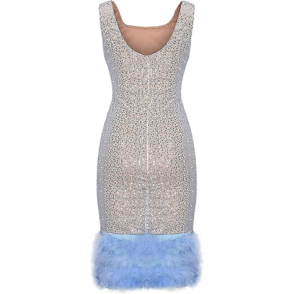 Cocktail-mekkoja naisille, seksikäs syvä V-kaula-aukko, kokonaan hapsuilla, spagettiolkaimilla, paljeteilla ja höyhenillä koristeltu tanssiaismekko 5-light Blue X-Large