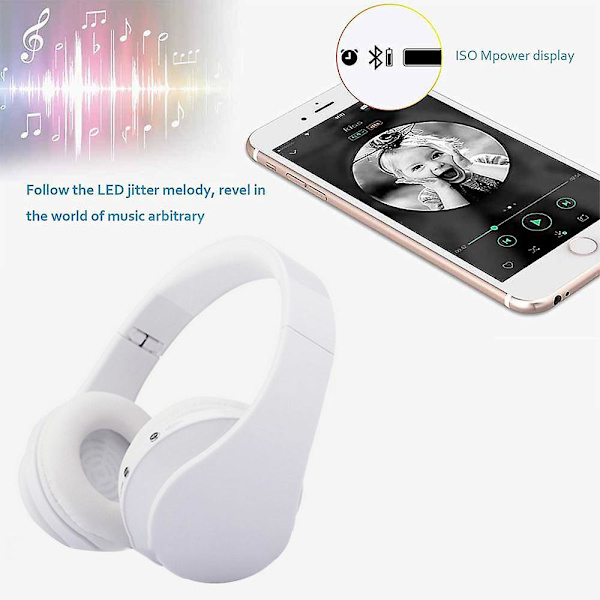 Trådlösa Bluetooth-hörlurar, Over Ear-headset med mikrofon, hopfällbara och lätta, MP3-läge och FM-radio för mobiltelefoner, bärbara datorer och TV White