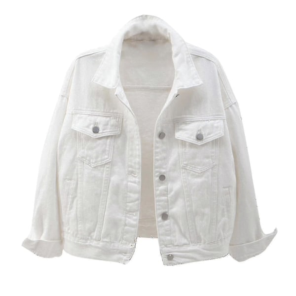 Dame Vår og Høst Kåper Varm Ensfarget Langermet Denimjakke Yttertøy White M