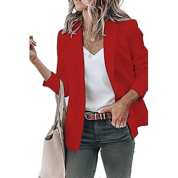 Dame Ensfarvet Åben Front Revers Blazer Langærmet Arbejde Kontor Cardigan Jakke Red M
