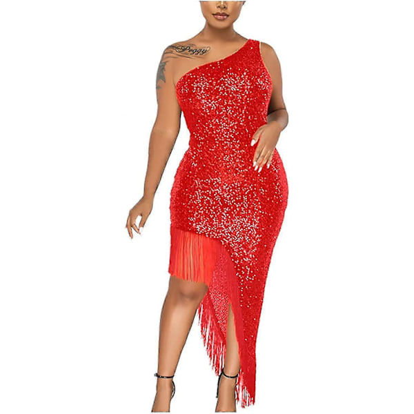 Cocktailkjoler til kvinder Sexet dyb V-hals Allover Frynser Spaghetti Stropper Kjole Pailletter Fjer Prom Festkjole W-red Large