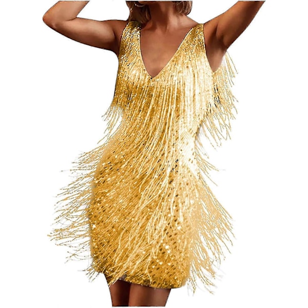 Cocktailklänningar för Kvinnor Sexig Djup V-ringning Heltäckande Fransar Spaghettiband Klänning Paljetter Fjäder Bal Festklänning 2-gold Medium