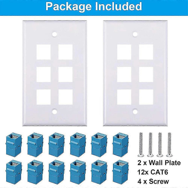 2-pak 6-ports Ethernet vægplade, Rj45 Cat6 hun til hun jack inline koblingsplader Ethernet-kabel