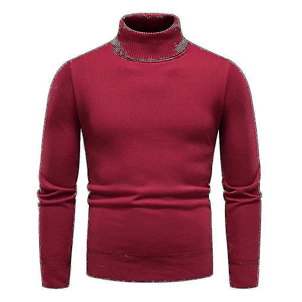 Herre Ensfarvet Rullekrave Basic Sweater Vinter Slim Fit Tyk Strik Varm Pullover Top Wine Red 2XL