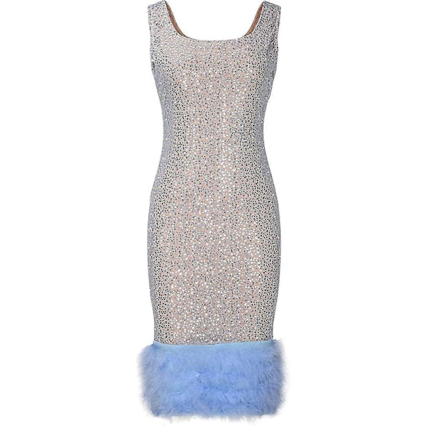 Cocktailkjoler til kvinder Sexet dyb V-hals Allover Frynser Spaghetti Stropper Kjole Pailletter Fjer Prom Festkjole 5-light Blue XX-Large