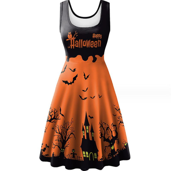 Halloween Dam Sommar Slim Ärmlös Rund Hals A-linje Utställd Solklänning ORANGE S