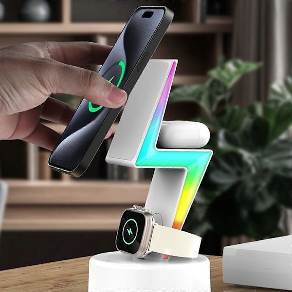 3-i-1 Trådløs Lader med RGB-Lys Magnetisk Hurtiglading Intelligent Gjenkjennelse Laderstativ Kompatibel Iphone/Kompatibel Iwatch/Kompatibel Ai