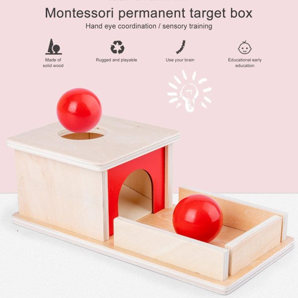Montessori Object Permanence Box med bricka och boll, Träboll för spädbarnsutveckling, pedagogiska Montessori-leksaker