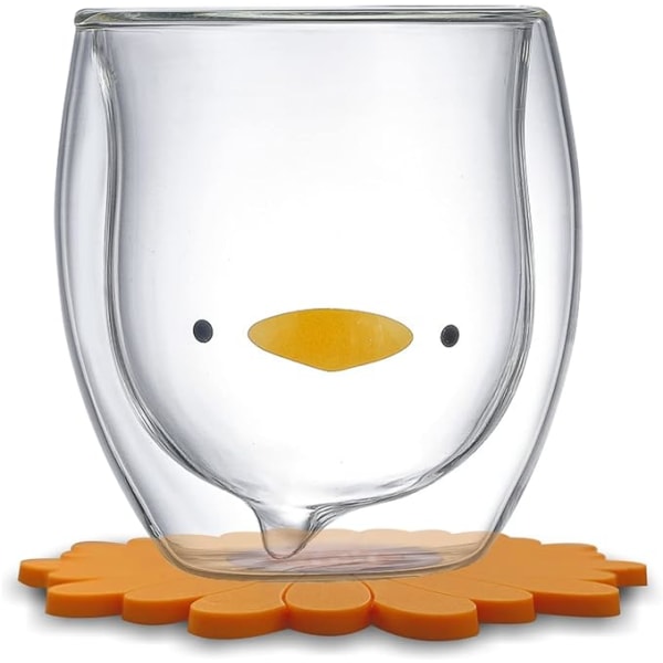 Söta muggar Glas med glasunderlägg Kaffemugg dubbla väggisolerade glasögon med mjuk PVC-solrosunderlägg Cup Söt djur T