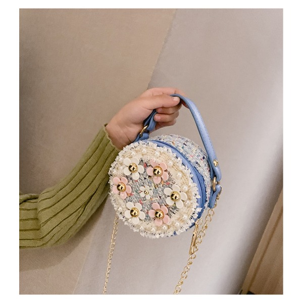 Små flickor Crossbody-väska med pärlblommor Mini söt prinsessa handväskor Axelväska för flickor, student skolkontor blue