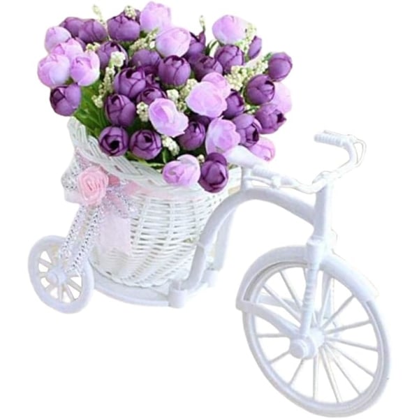 Cykel konstgjord blomma Trehjuling plantering trädgårdsdekor rotting vas Korg för bröllop Lila blomma konstgjord blomma nostalgisk B