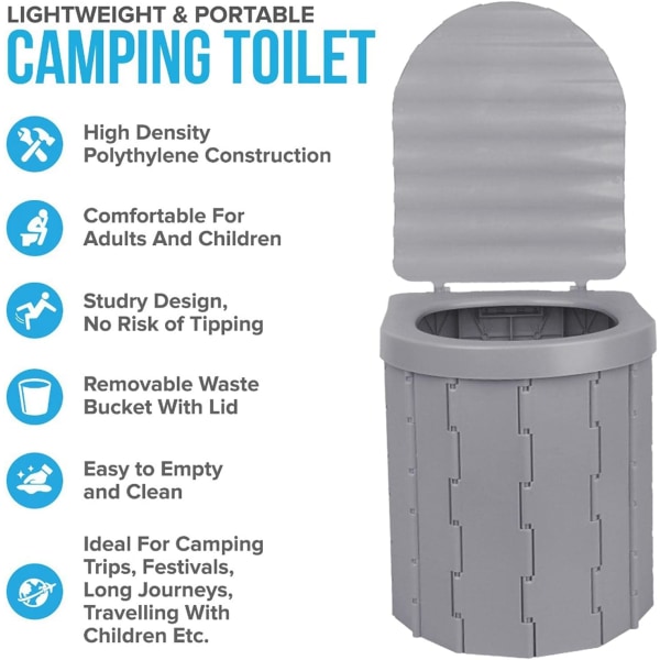 Bärbar toalett Vikbar campingtoalett med cover, biltoalett utomhustoalett Resepotta, rymmer upp till 330 pund för vandring,
