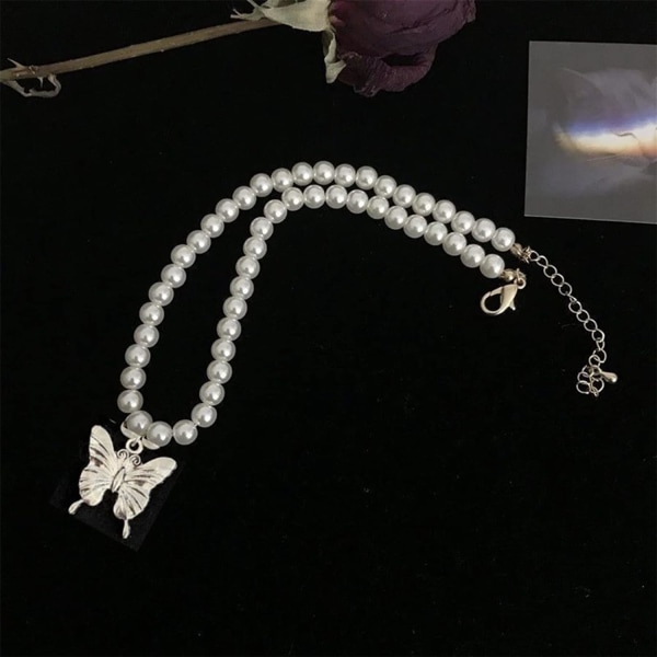 3st Butterfly Pearl Pendant Halsband Kort Pearl Keyvice Chain För Kvinnor Flickor (Vit)