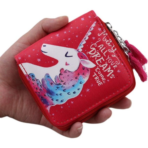 Söt plånbok för kvinnor Tecknad Unicorn plånbok Tofs Dragkedja Fyrkantig kvinnlig kort plånbok Myntväska Kreditkortsväska Clutch red