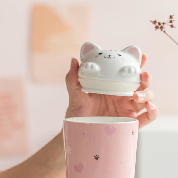 Katt kaffemugg med lock, keramisk resemugg med 3D Kitty lock, återanvändbar lång kopp pink