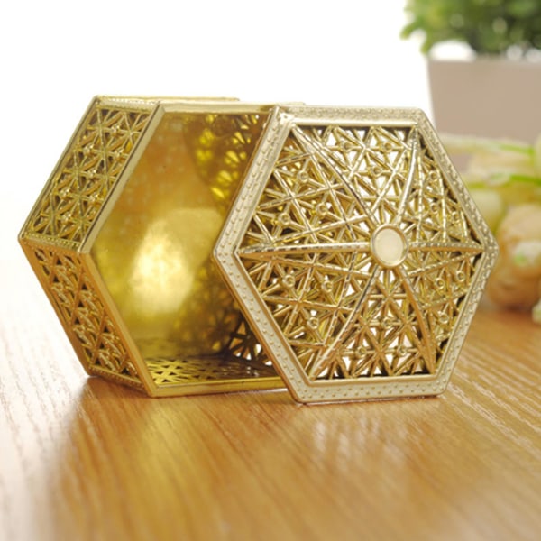 Western-stil Bröllop Creative Candy Box gyllene silver ihåligt sexkantigt case