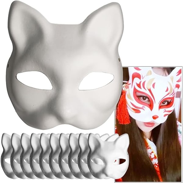 Vit pappersmask kattansikte - 10 stycken, papperstom handmålad mask, personlig design, lämplig för Halloween fancy d