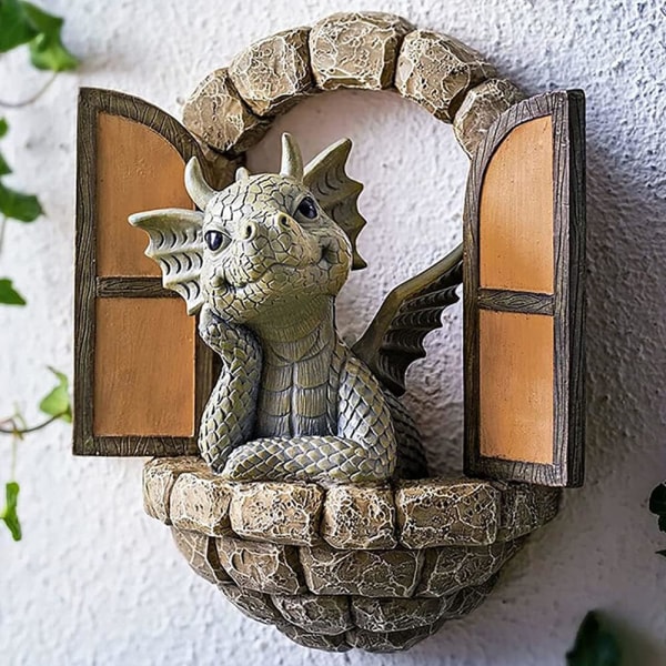 Drakeskulptur på innergården Väggdekoration, Resin Trädgårdsdrakestaty Little Dragon mediterar framför fönstret