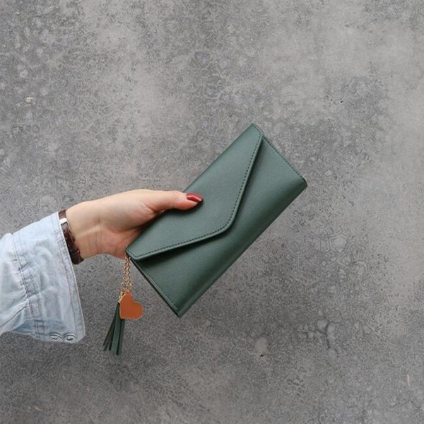 Enkel Pu-läderplånbok Hjärthänge Korthållare Plånbok för kvinnor Flickor (mörkgrön) dark green