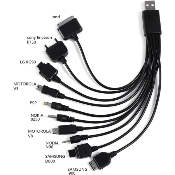 10 i 1 Universal USB -laddarkabel Multifunktionsladdningssynkroniseringssladd för iPod iPhone PSP-kamera Nokia BlackBerry 1PC