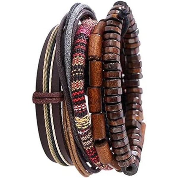 Populärt flerlagers läderarmband med vintage Hippy Natural Beads Rep Flätad armring för man Kvinna Flerlagers Hippy Armband Armband 2 set