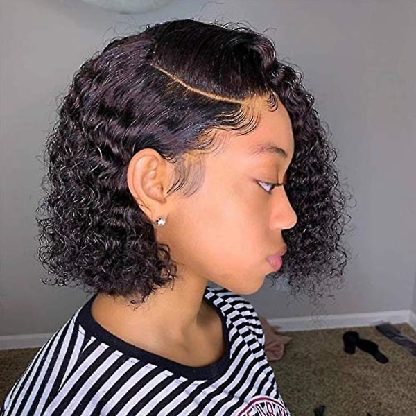 Deep Wave Short Peruk, Brazilian Curly Virgin Människohår Peruker Kort Bob Curly Peruk Frontstängning Korta peruker Svart