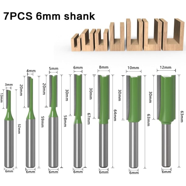6 mm skaft enkel och dubbel flöjt rak set Träbearbetningsfräs 3 mm, 4 mm, 5 mm, 6 mm, 8 mm, 10 mm, 12 mm (7 st
