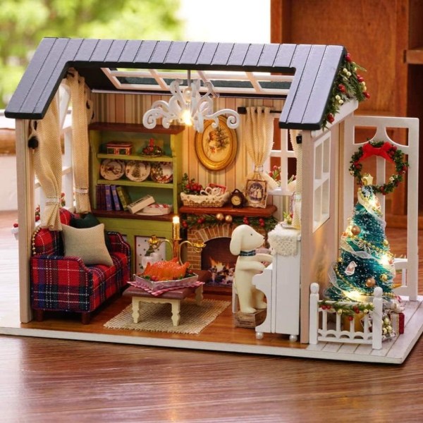 DIY Jul Miniatyr Dockhus Kit Realistisk Mini 3D trähus rum hantverk med möbler LED-lampor Barnens dag födelsedag