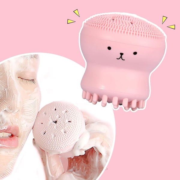 Ansiktsrengöringsborste, mjuk silikon ansiktsrengöring Massageapparat i resestorlek med lite bläckfisk-utseende pink